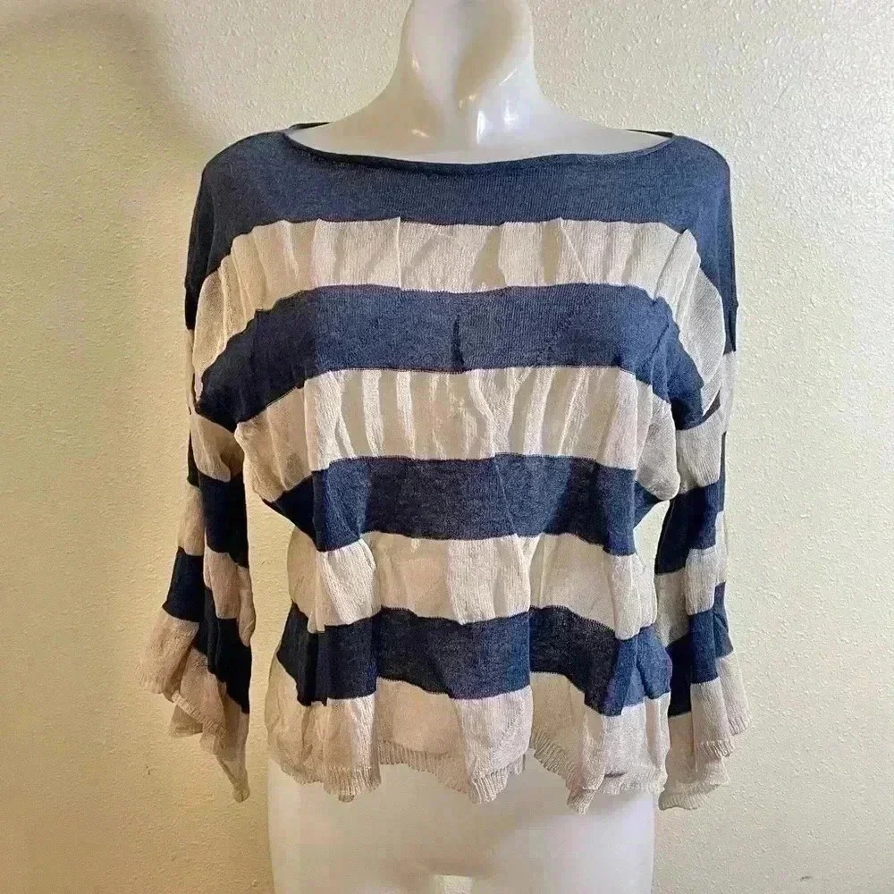 May Hsu OS (One Size) Crop Top Blue Cream Stripe Sheer Roll Boat Neck Pleat Det